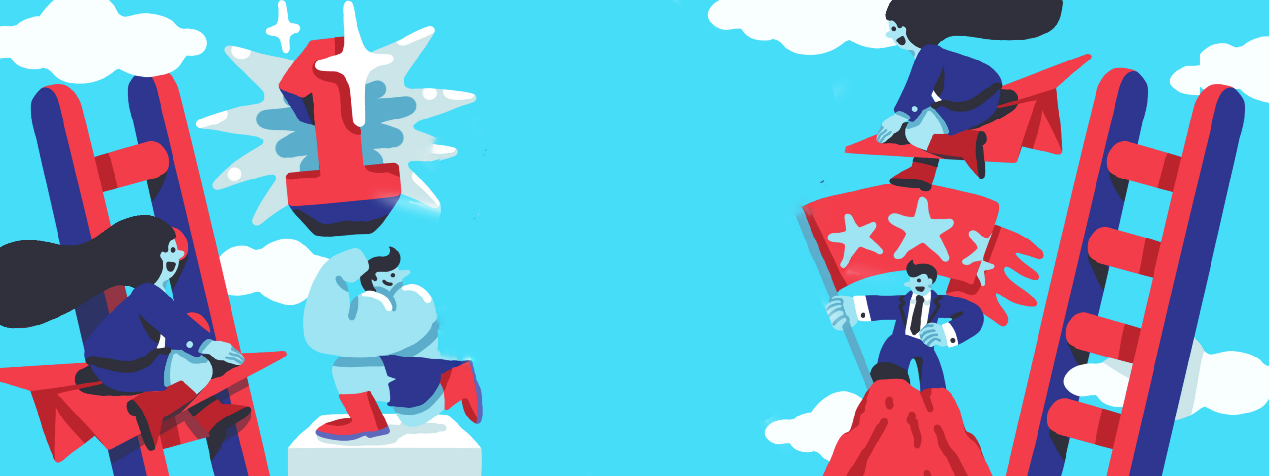Two cartoon superheroes in blue and red outfits, each riding rockets. One holds a number one trophy while the other stands with arms crossed. Red ladders and clouds fill the background against a bright blue sky.