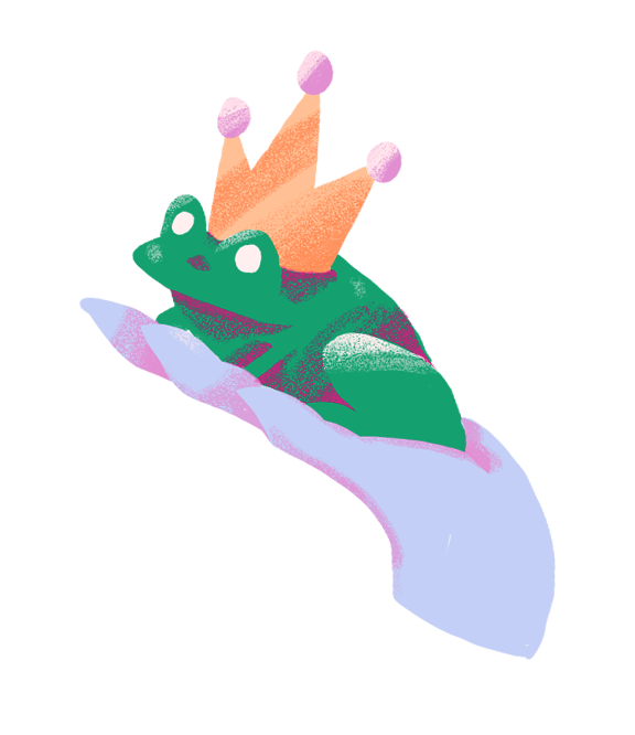 A cartoon frog wearing a crown sits on a purple hand, looking amused.