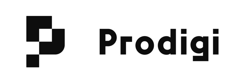 Black and white Prodigi logo with a geometric square design on the left and the word "Prodigi" in bold text on the right.