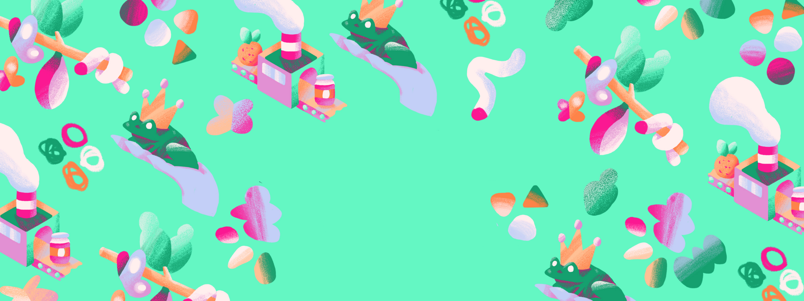 Colorful pattern featuring whimsical frogs with crowns, trains, and various playful shapes on a teal background.