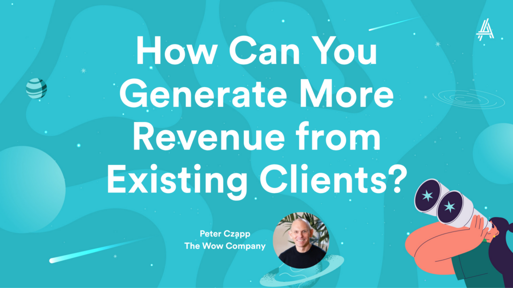 Text reads, "How Can You Generate More Revenue from Existing Clients?" with an illustration of a person with binoculars.
