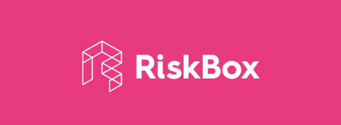 RiskBox logo on a bright pink background with a geometric design to the left.