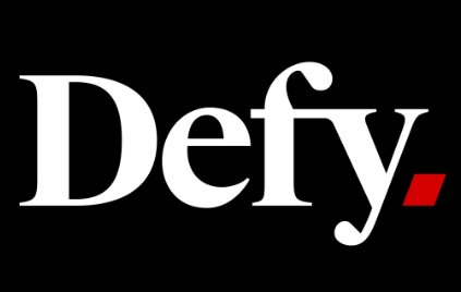 Bold "Defy." text in white with a red period on a black background.