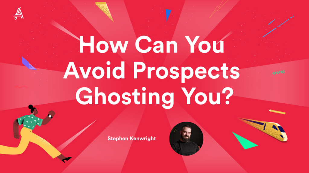 Text "How Can You Avoid Prospects Ghosting You?" on a vibrant red background with a running figure and a train.